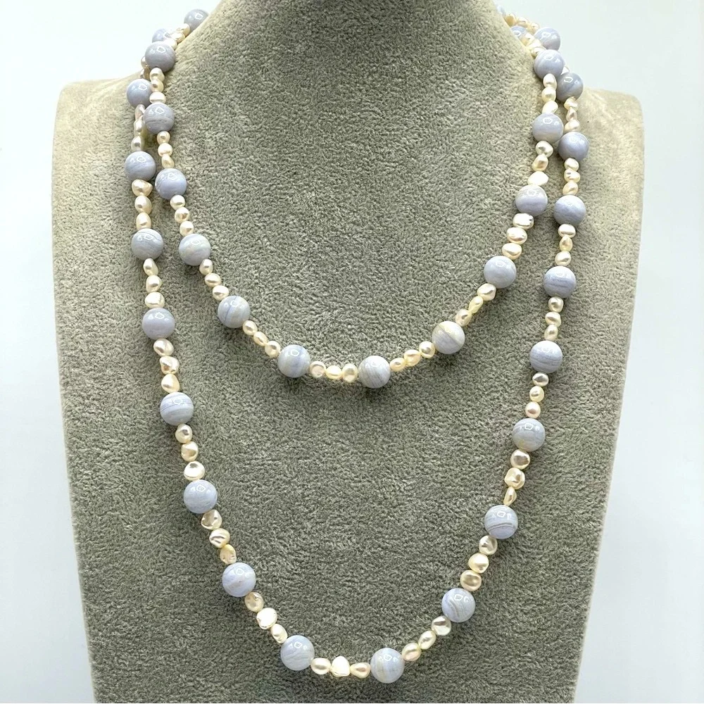 14K Gold Vintage Blue Lace Agate Freshwater Pearl Beaded Statement Necklace Long